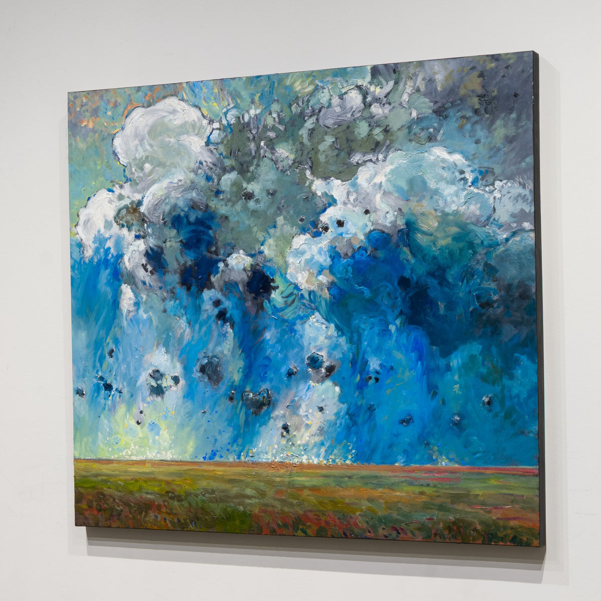 Angled view of Rain Drift by Steve R. Coffey showing the textured painting and right canvas edge.
