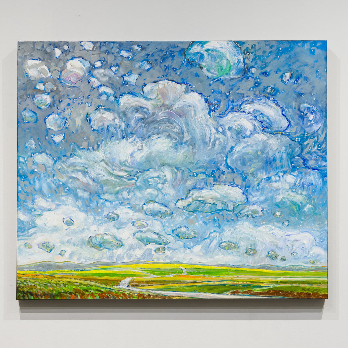 The Fields by Steve R. Coffey, 30 × 36 inch oil on canvas, with green fields beneath a broad white and blue cloud bank.