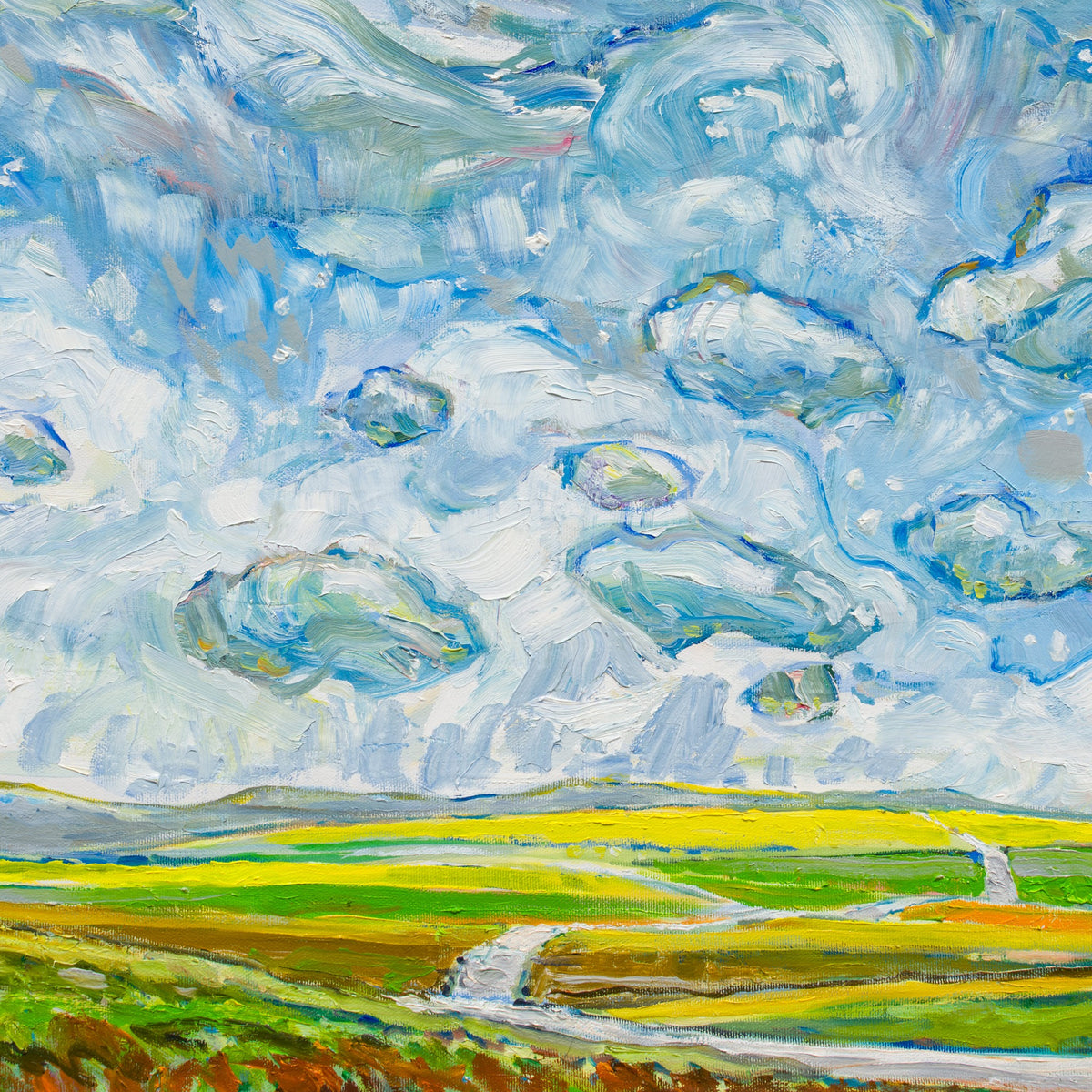 Detail of The Fields by Steve R. Coffey showing thick curved strokes in the clouds.