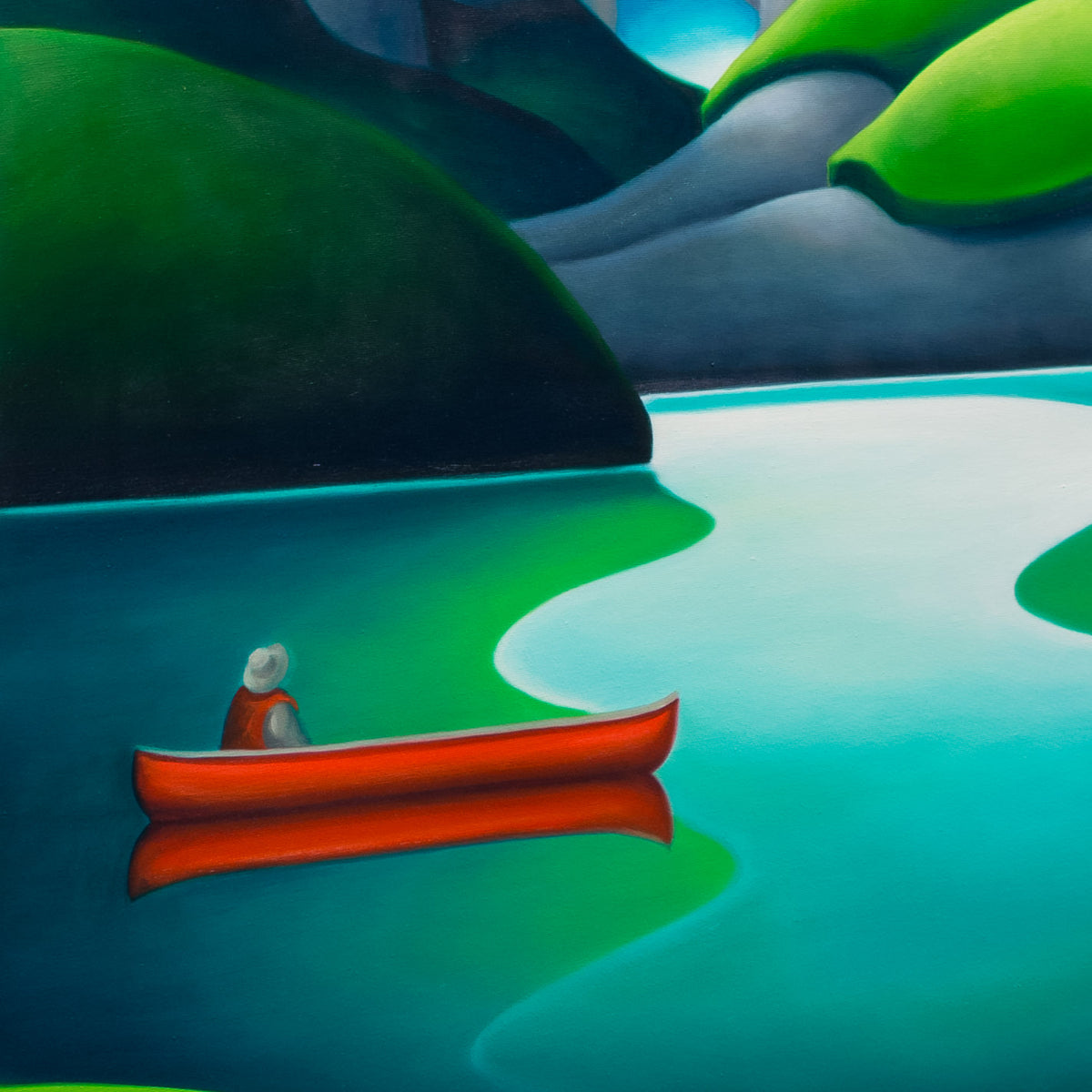 Detail of Dana Irving’s Towards the Source showing a red canoe beside the curving pale reflection on turquoise water.
