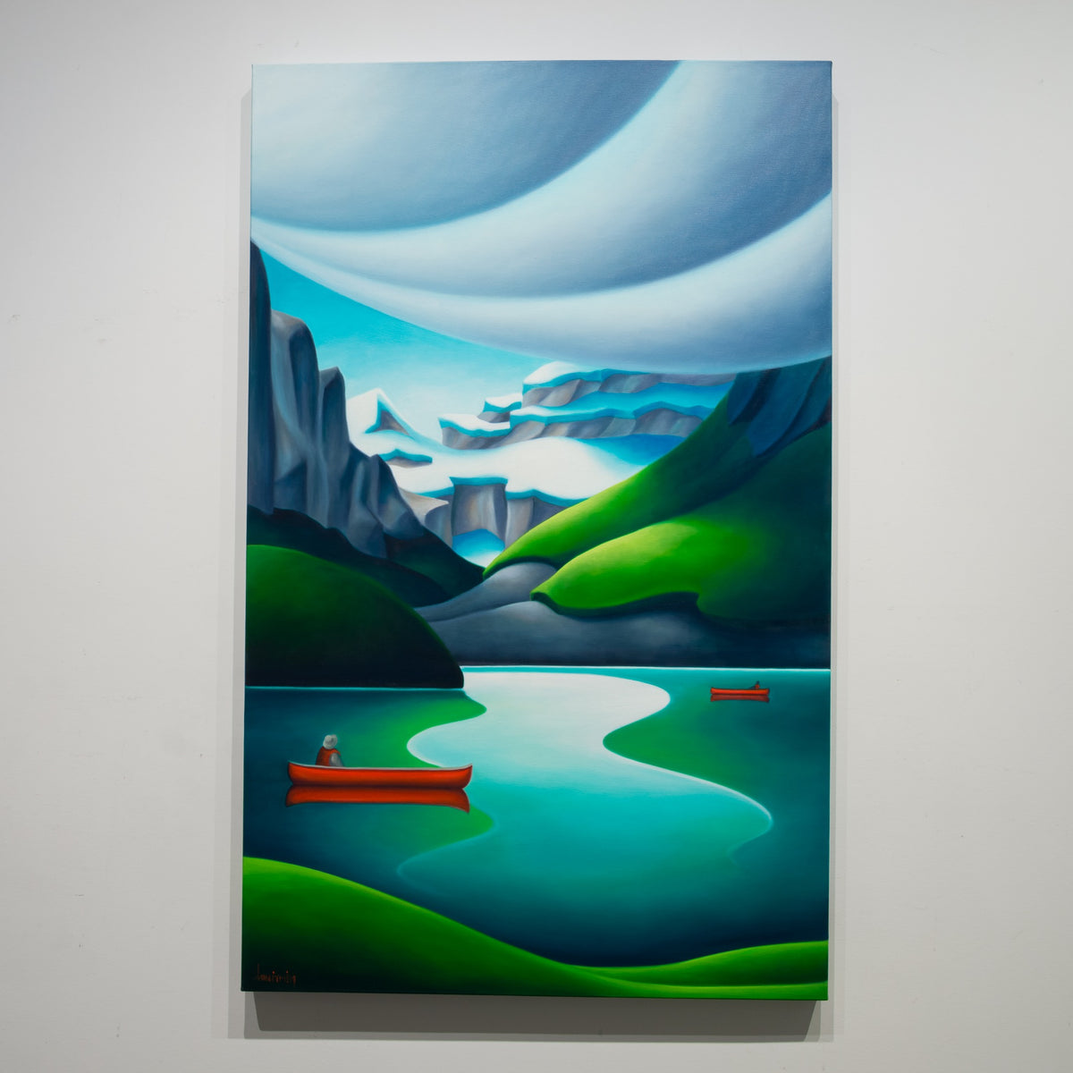 Towards the Source by Dana Irving, 48 × 30 inch oil on canvas with two red canoes on a turquoise mountain lake.