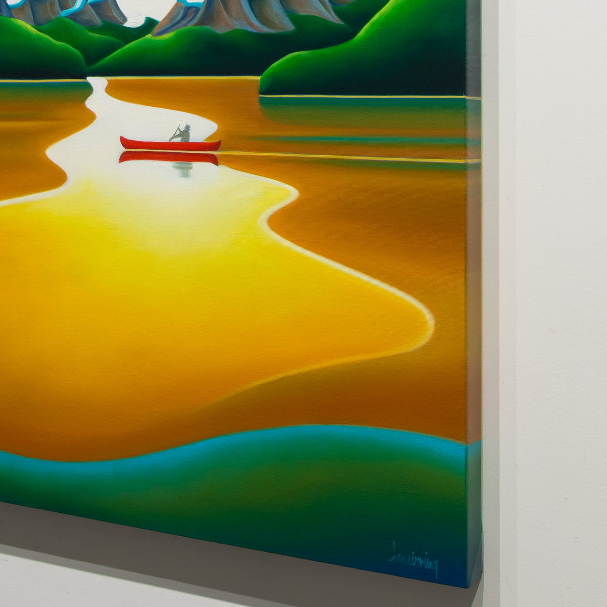 Detail of Dana Irving’s Pristine showing the red canoe, golden water and image-wrapped canvas edge.