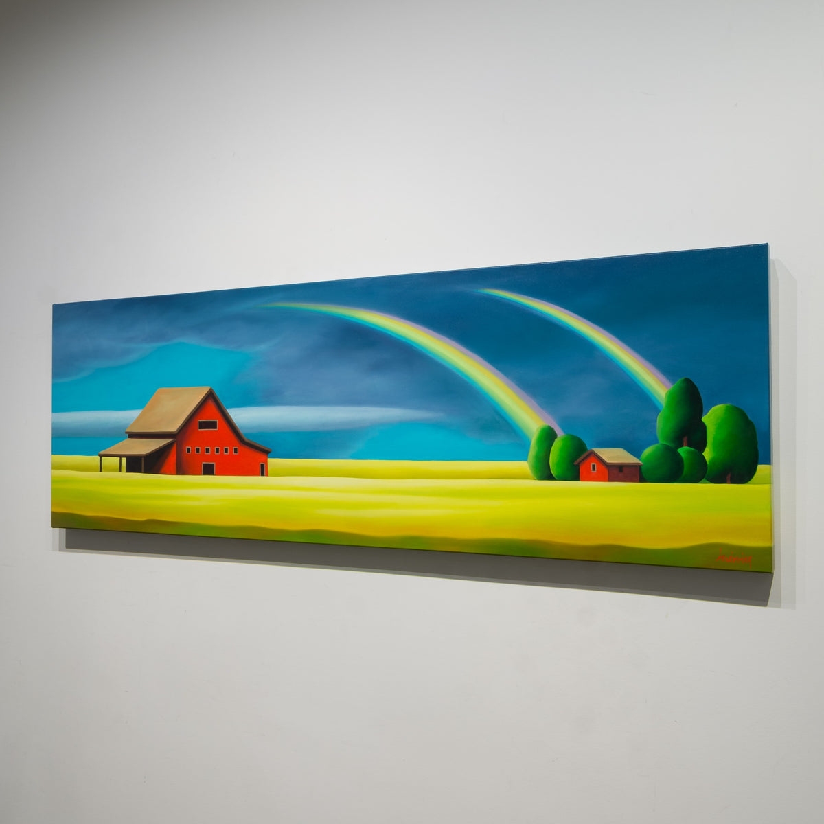 Angled view of Dana Irving’s Double Rainbow showing the 1½ inch image-wrapped gallery canvas.