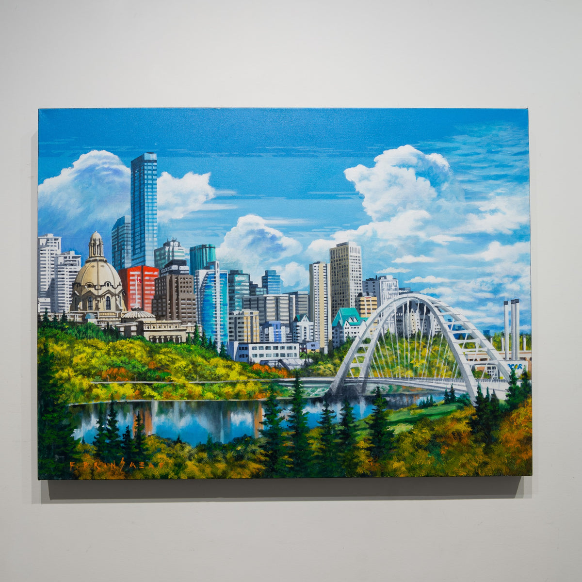 Walterdale from the South Bank by Fraser Brinsmead, 30 × 40 inch acrylic on canvas, showing Edmonton’s skyline, Walterdale Bridge, river and autumn river-valley foliage.