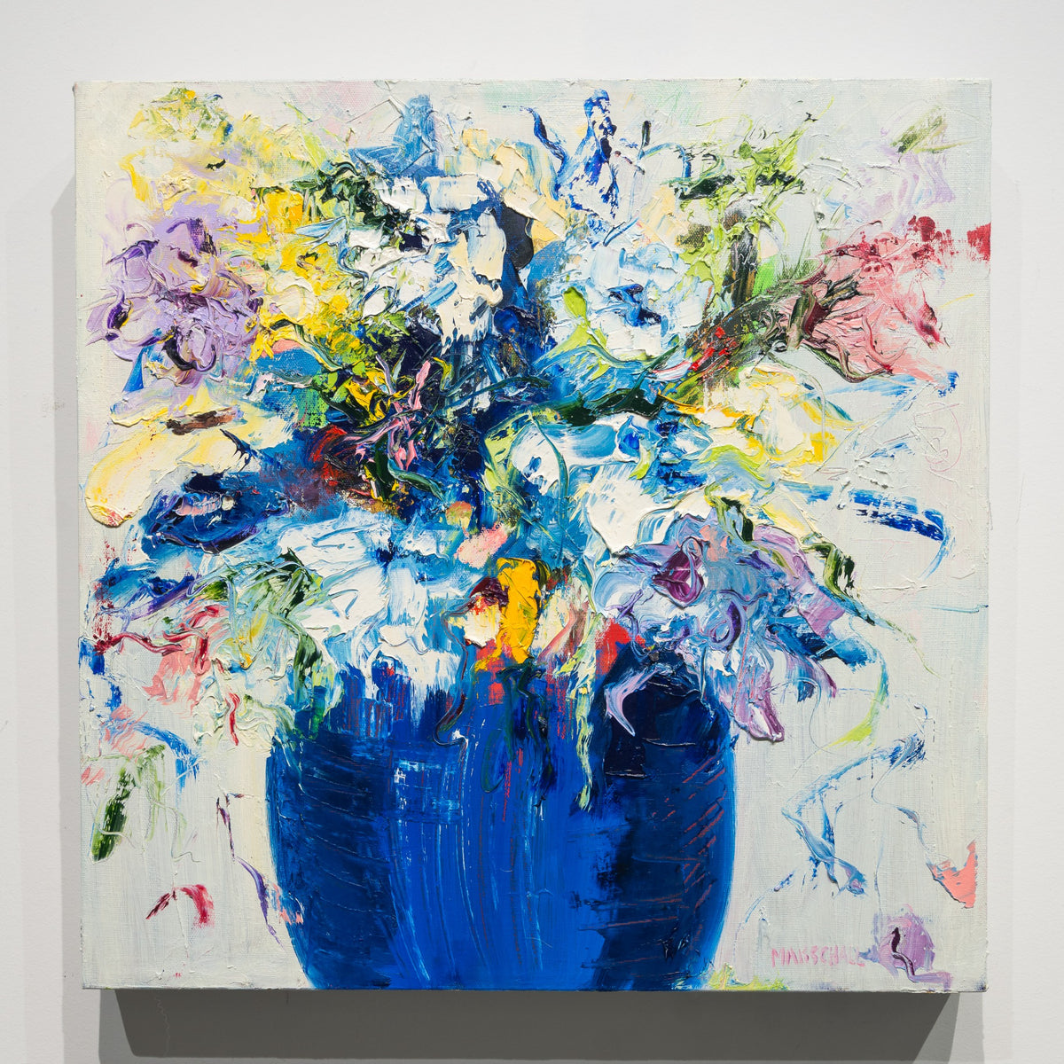 Love is in the Air by Gerda Marschall, 18 × 18 inch oil on canvas with a blue vase and a loose arrangement of blue, lavender, yellow and pink flowers.