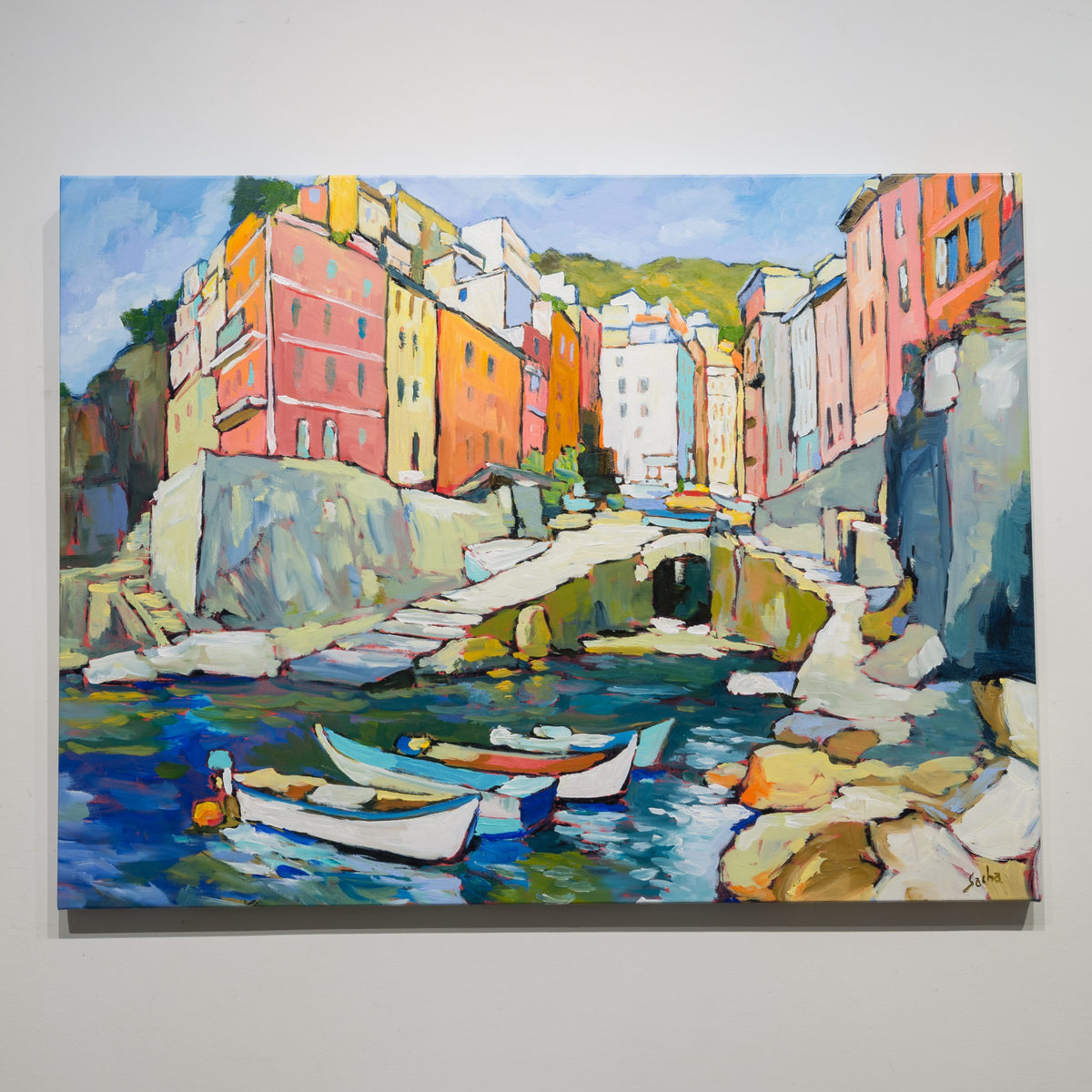 Riomaggiore Cinque Terre Italia by Sacha Barrette, 30 × 40 inch acrylic on canvas showing colourful coastal buildings above a small harbour with boats.