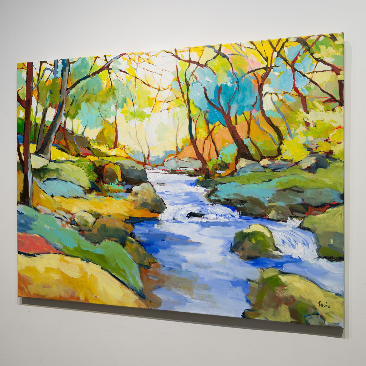 Angled gallery view of Sacha Barrette’s Printemps Dans Le Sous-Bois showing the unframed canvas and painted image continuing around the stretcher edge.