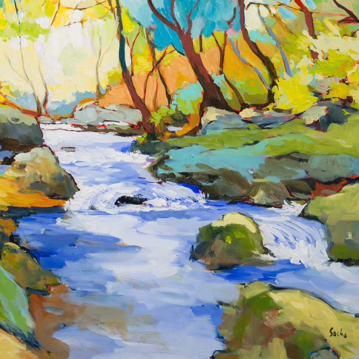 Detail of Printemps Dans Le Sous-Bois showing blue-and-white water, mossy rocks and turquoise, yellow and orange woodland brushwork.