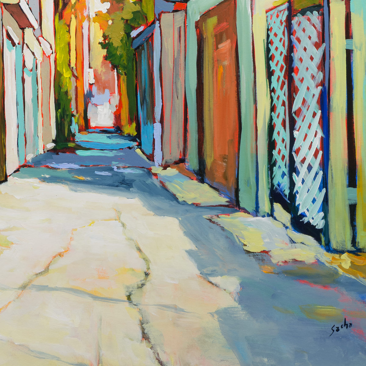 Detail of Ruelle Pastels et Colours Fauvers showing blue-grey alley shadows, pale fencing, turquoise latticework and warm yellow-orange foliage.