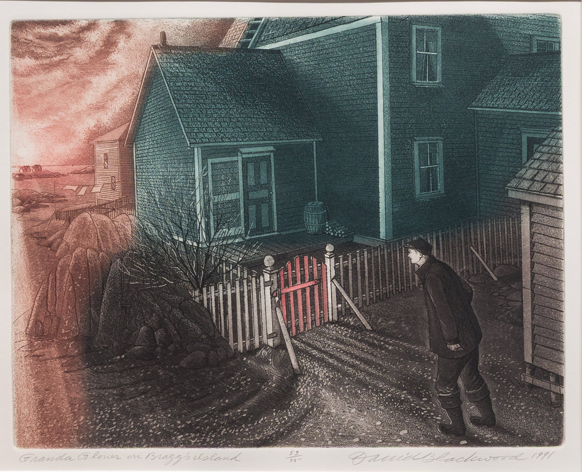 Granda Glover on Bragg’s Island by David Blackwood, edition 53/75: a man beside a pink gate and teal clapboard house under a rose-coloured sky.