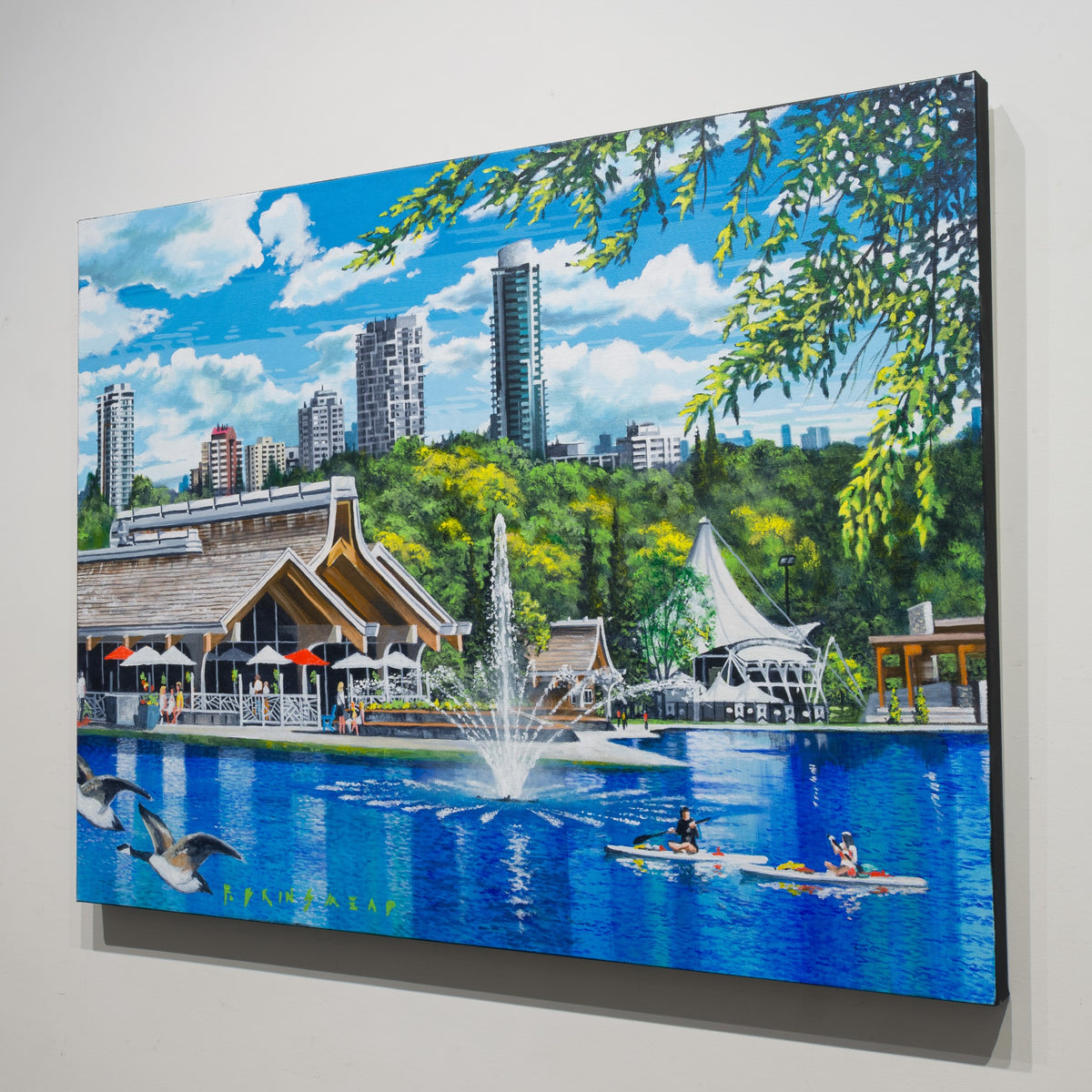 Angled gallery view of Fraser Brinsmead’s Lake Stroll at Hawrelak Park showing the 1½-inch deep canvas and finished black edge.