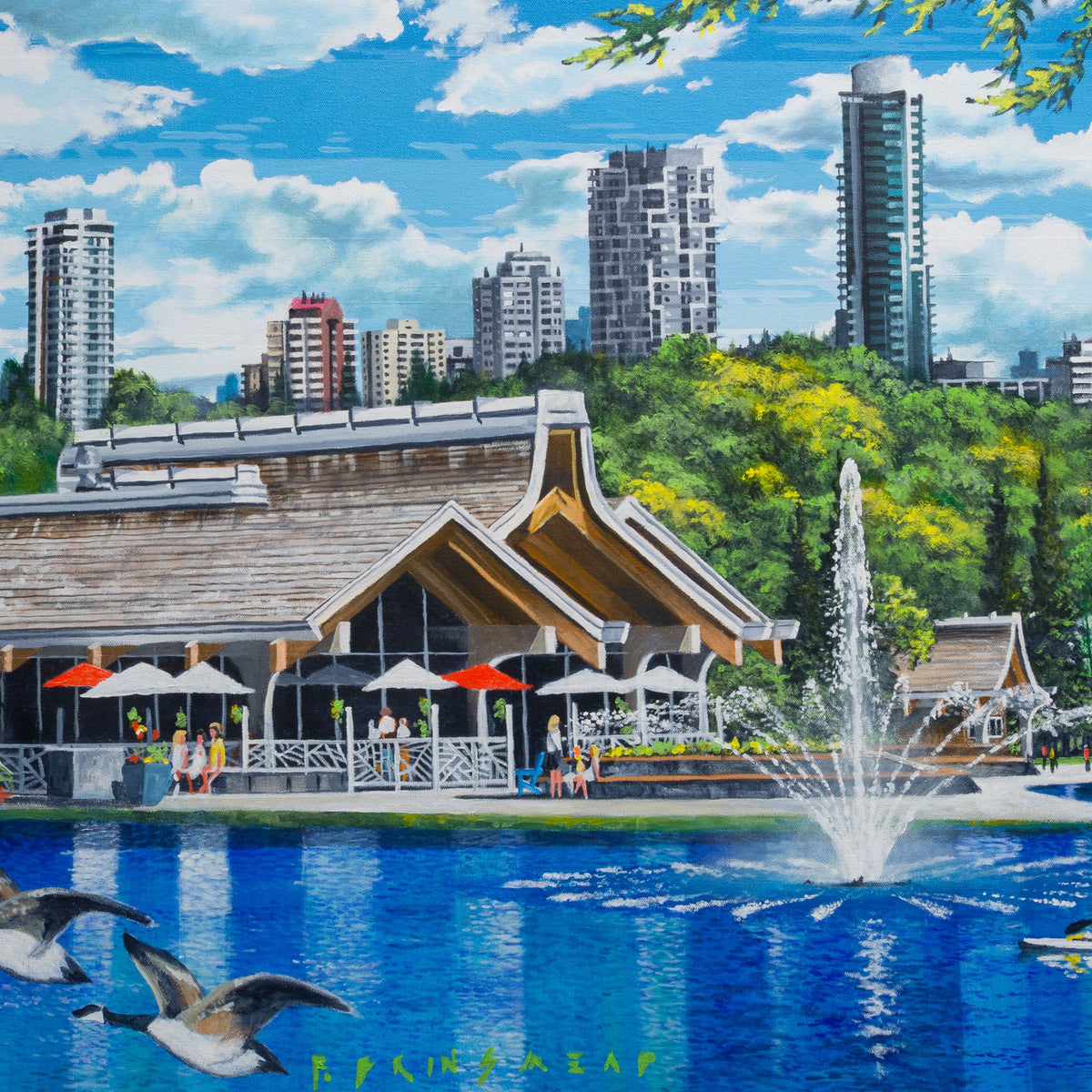 Detail of Lake Stroll at Hawrelak Park showing fountain spray, park buildings, geese and blue water beneath the distant skyline.