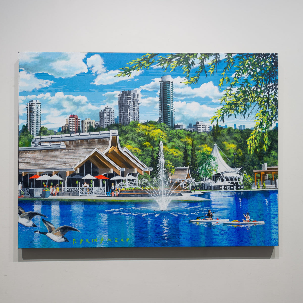 Lake Stroll at Hawrelak Park by Fraser Brinsmead, 30 × 40 inch acrylic on canvas, showing blue park water, a fountain, pavilion buildings and Edmonton high-rises.