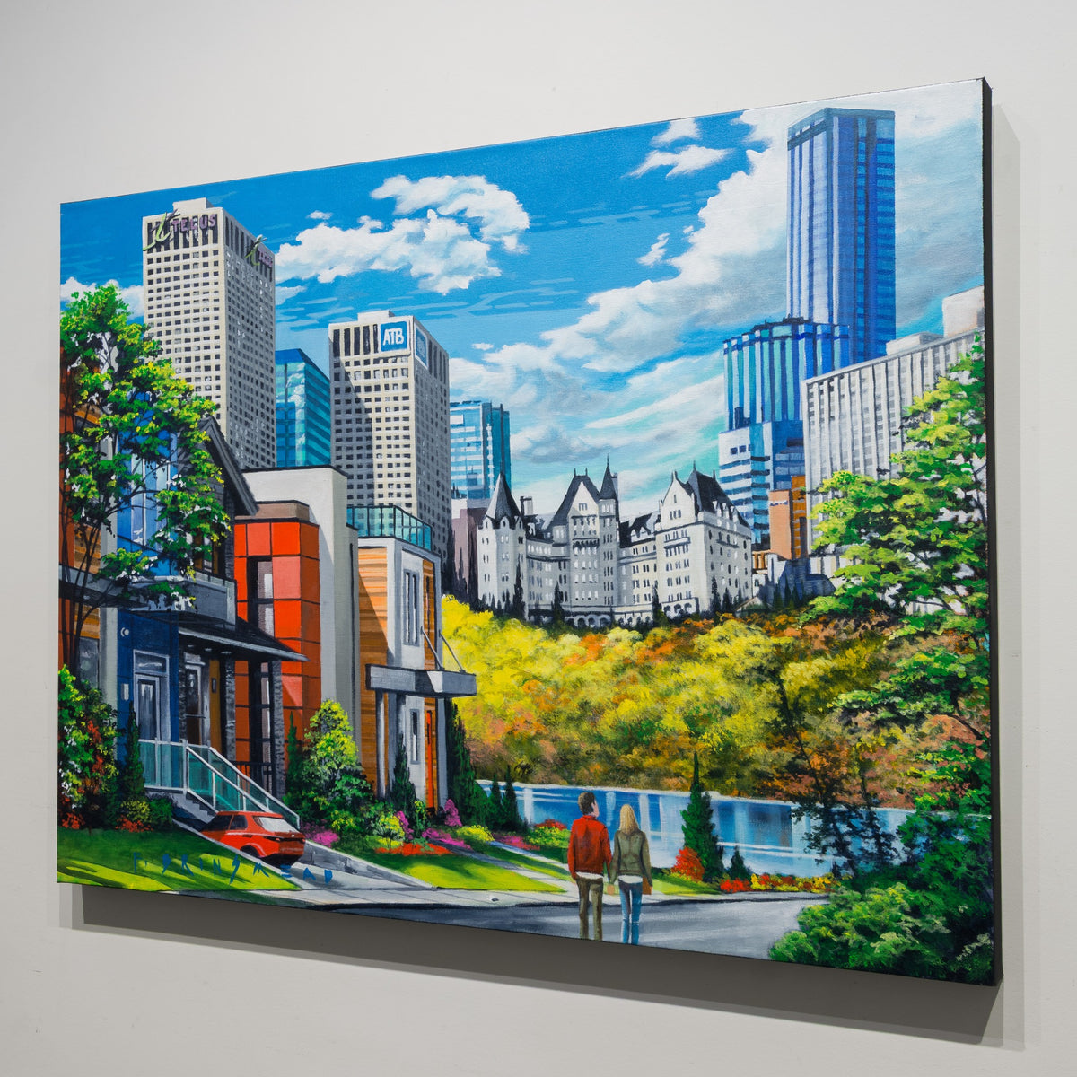 Angled gallery view of Fraser Brinsmead’s Lady on the Hill showing the 1½-inch deep canvas and finished black edge.