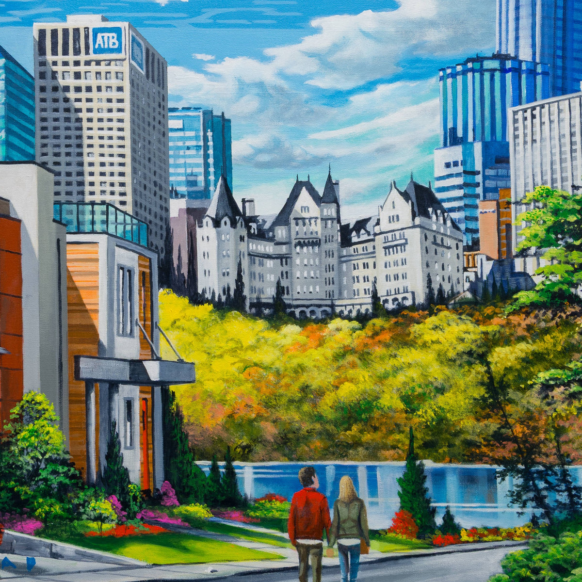 Detail of Lady on the Hill showing two walking figures, autumn foliage, a pale steep-roofed historic building and surrounding downtown towers.