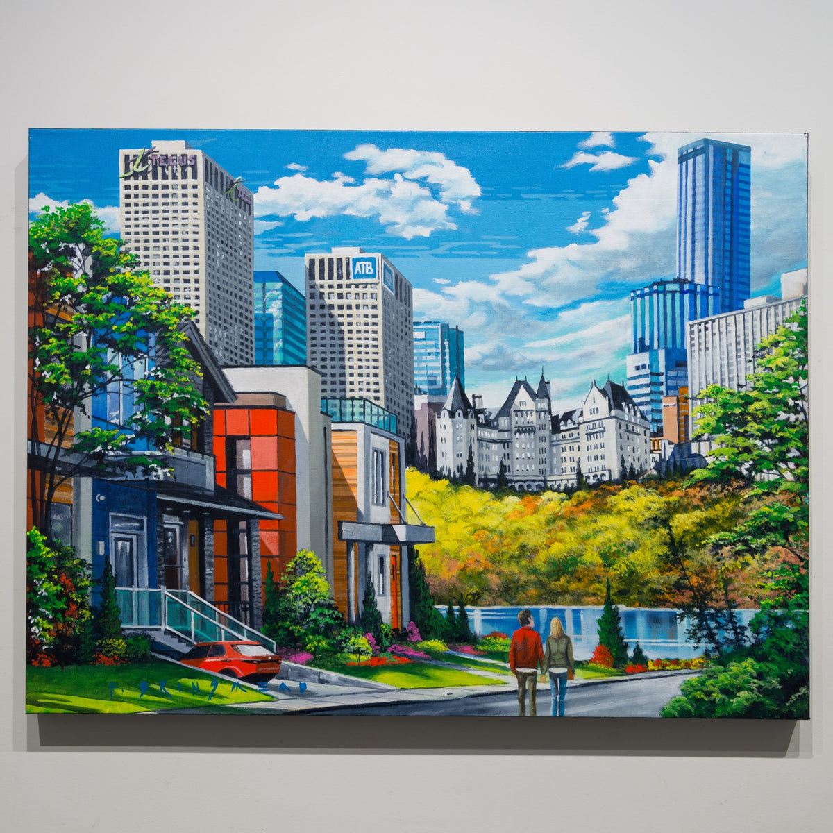 Lady on the Hill by Fraser Brinsmead, 30 × 40 inch acrylic on canvas, showing a residential Edmonton street leading toward a downtown skyline beneath a bright blue sky.