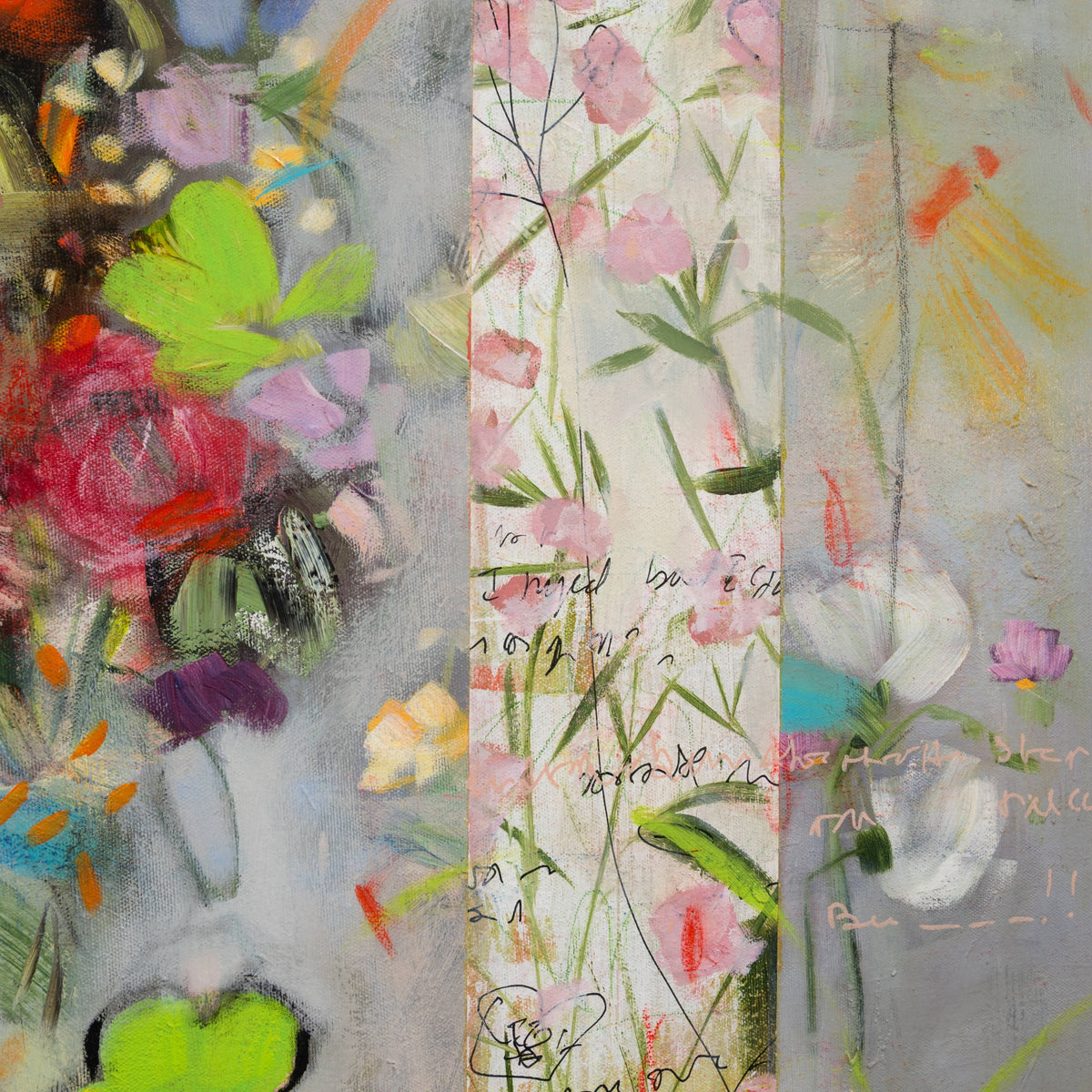 Detail of Ilinca Ghibu's Multiples Chemins showing pink flowers, lime green leaves, drawn lines and handwritten marks over a grey ground.