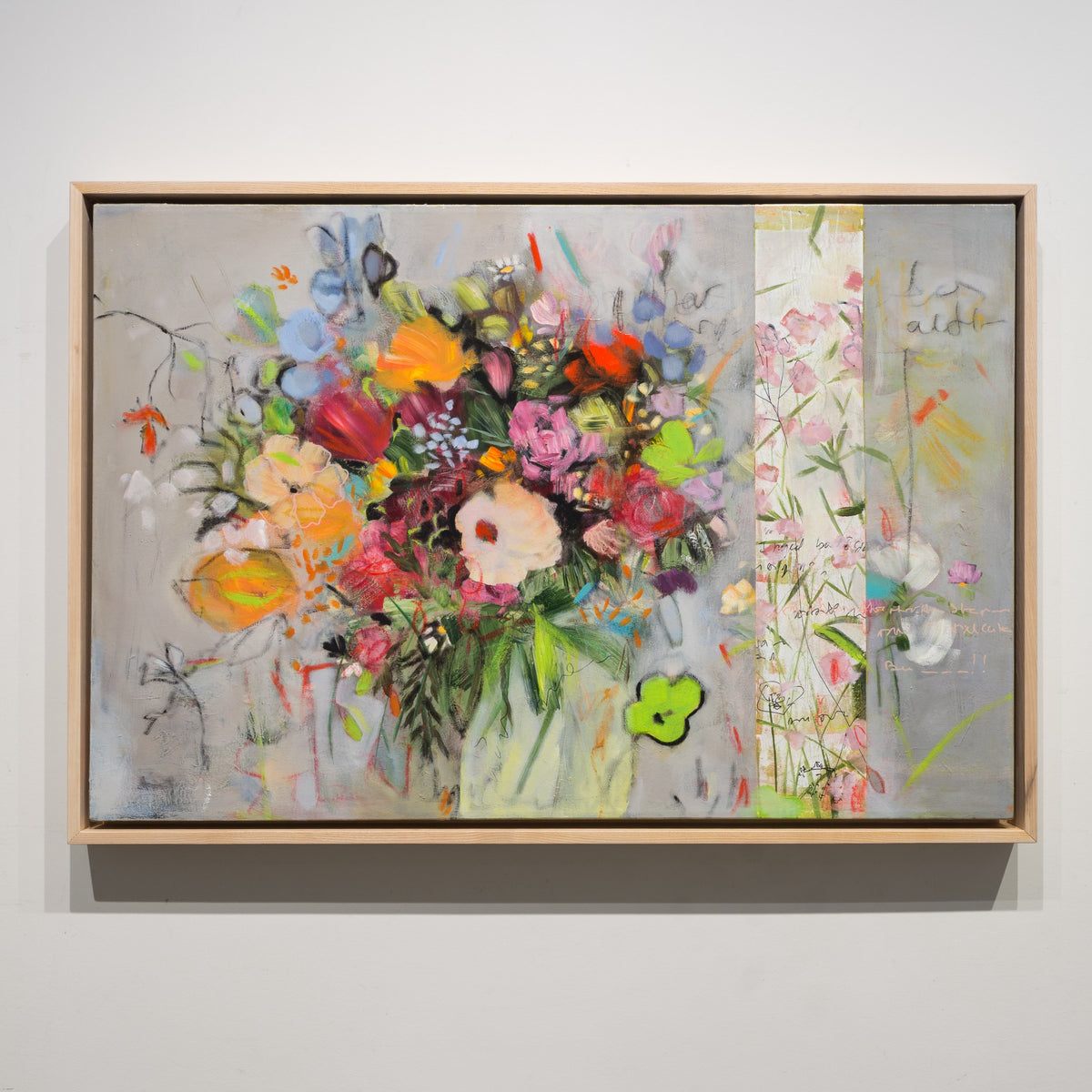 Multiples Chemins by Ilinca Ghibu, 24 × 36 inch acrylic on canvas with a dense floral bouquet, pale grey ground and a vertical pink floral passage.