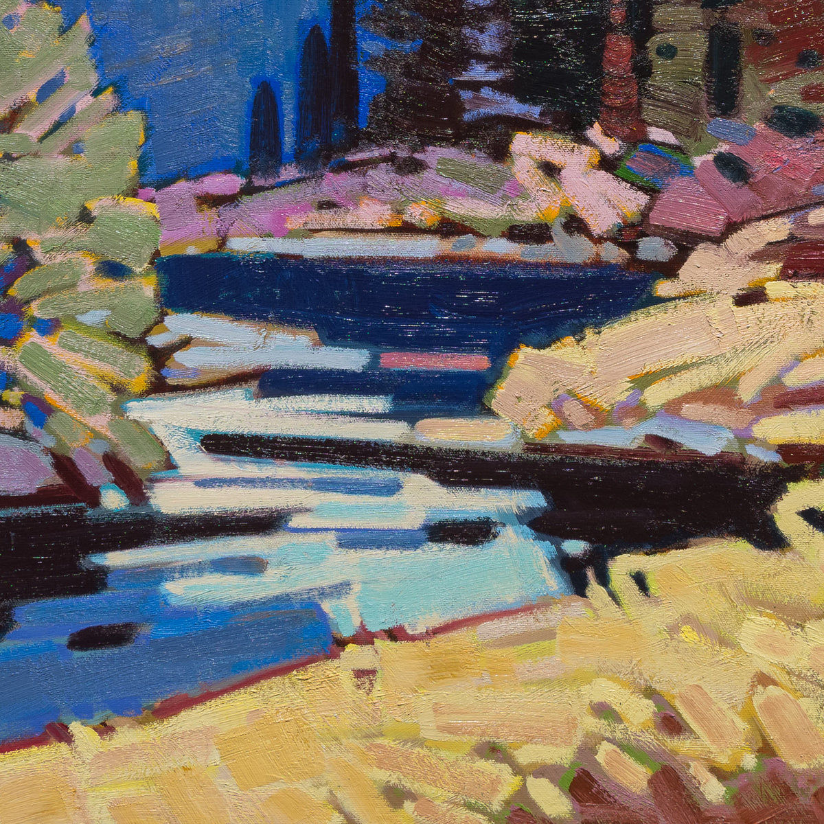 Detail of Cameron Bird's Klinaklini River Morning showing layered blue water, pale reflections and blocky brushwork along the riverbank.