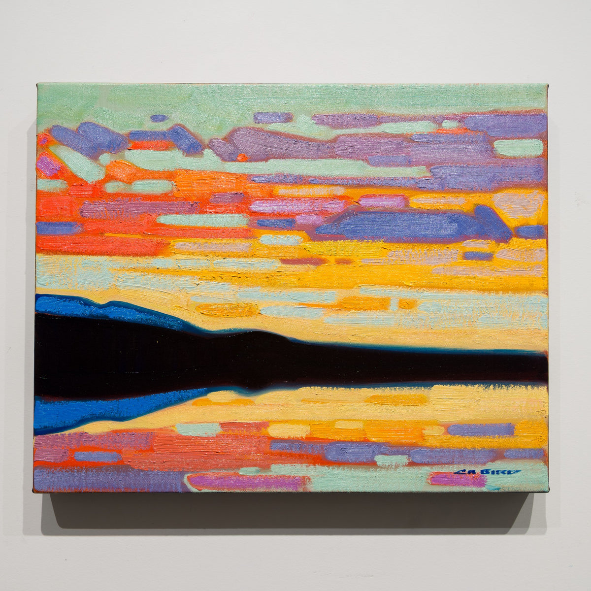 Chilcotin Summer by Cameron Bird, 16 × 20 inch oil on canvas with broad bands of mint, orange, yellow, violet and a dark central form.
