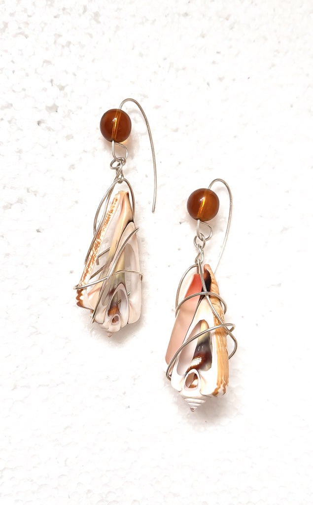 Impresionante Earrings #1 - Shell with Amber Haute Couture .950 Silver Reticulation Dulce Alba Lindeza