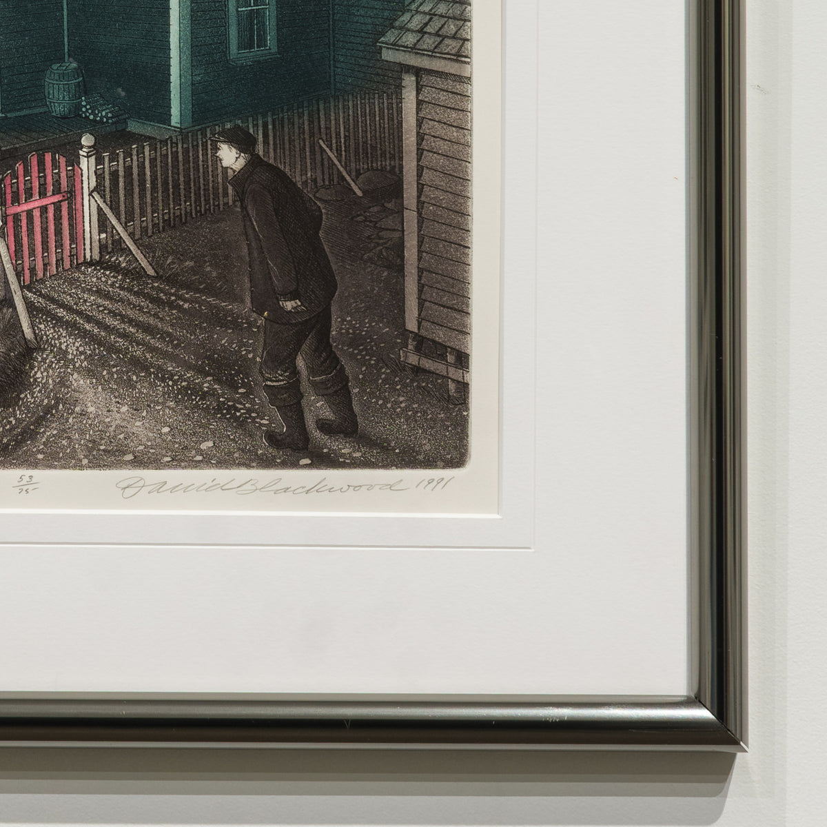 Detail of the included Granda Glover on Bragg’s Island etching by David Blackwood, showing the walking figure, edition 53/75, signature and date 1991.