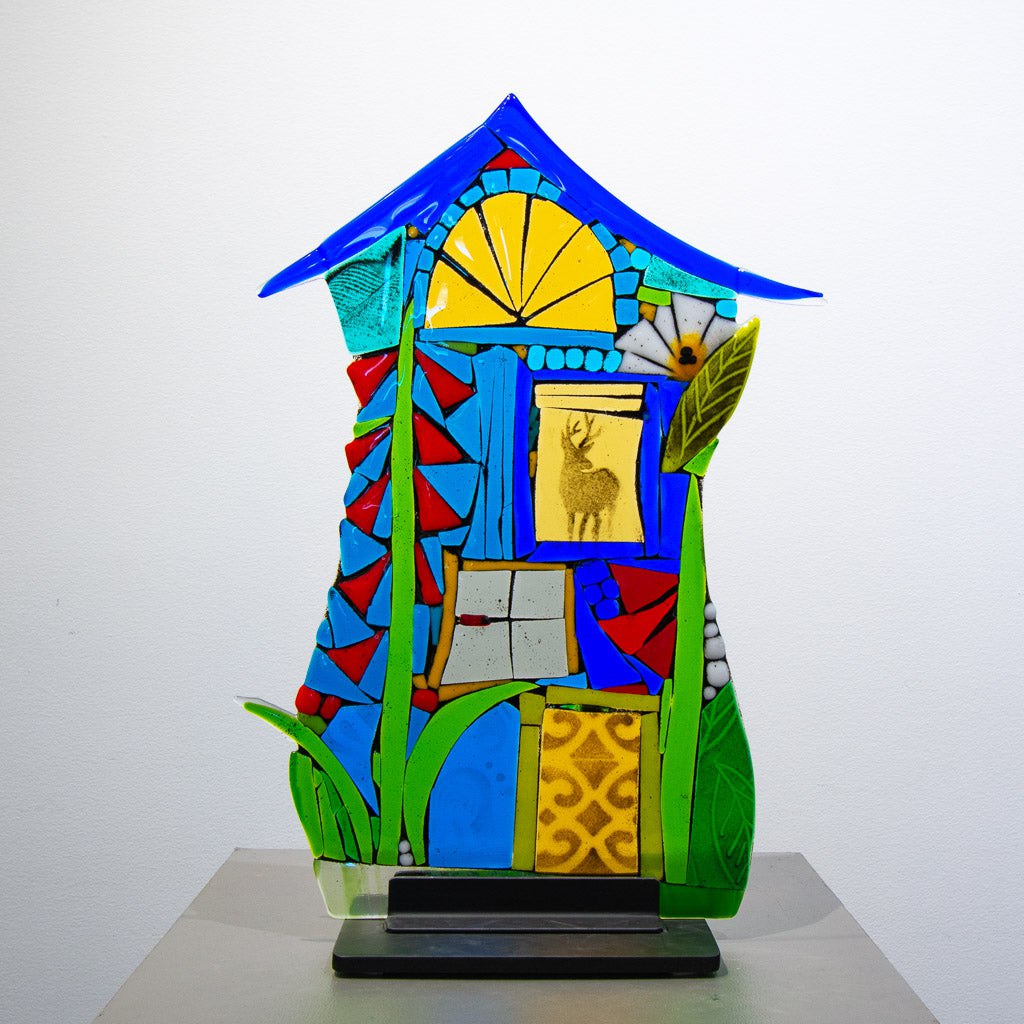 Deer House | 20" x 13" Hand fused glass with metal stand Tammy Hudgeon