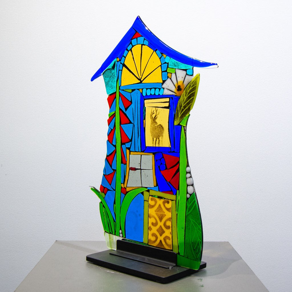 Deer House | 20" x 13" Hand fused glass with metal stand Tammy Hudgeon