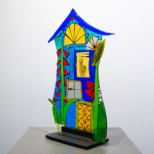 Tammy Hudgeon Deer House | 20" x 13" Hand fused glass with metal stand