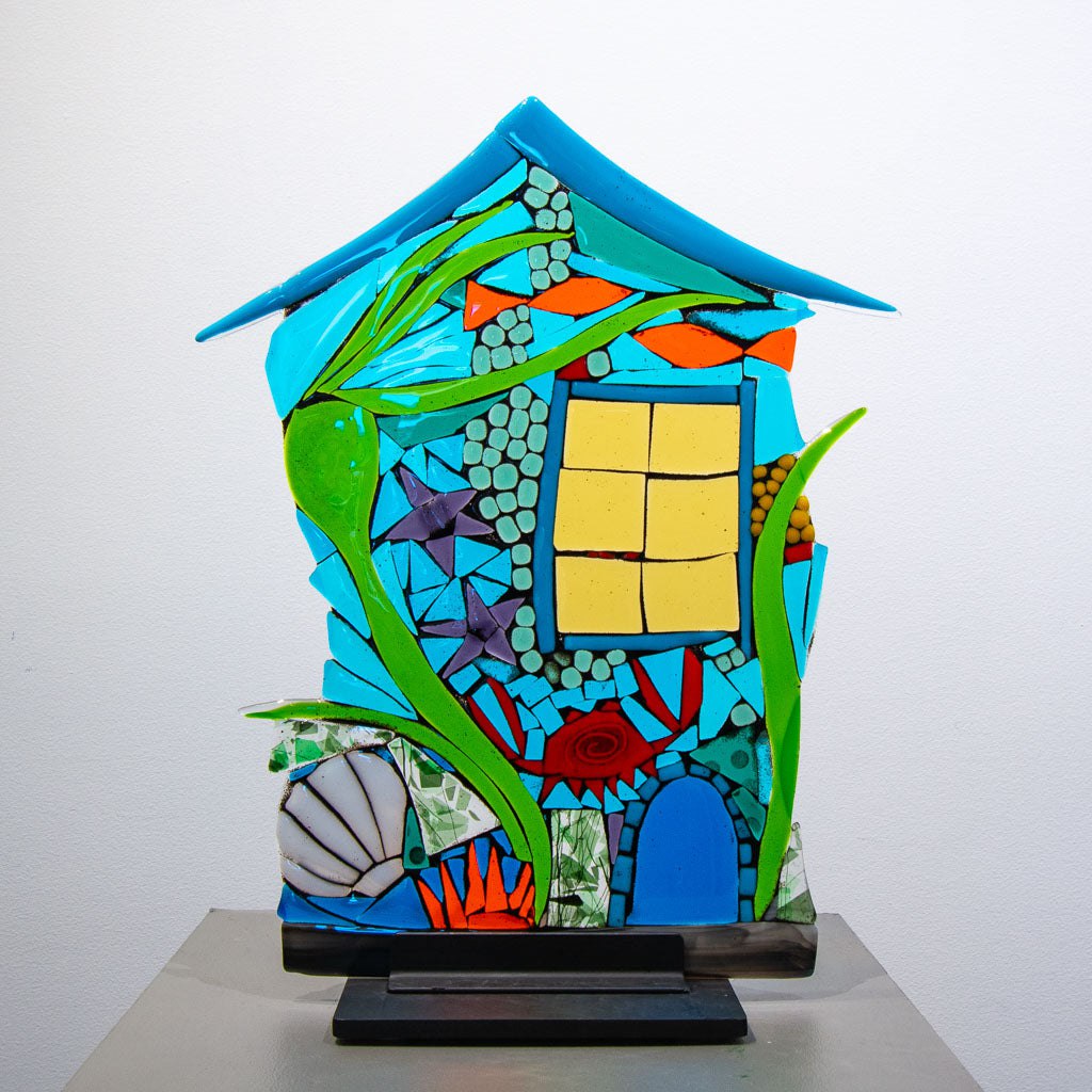 Beach House | 19&quot; x 15&quot; Hand fused glass with metal stand Tammy Hudgeon