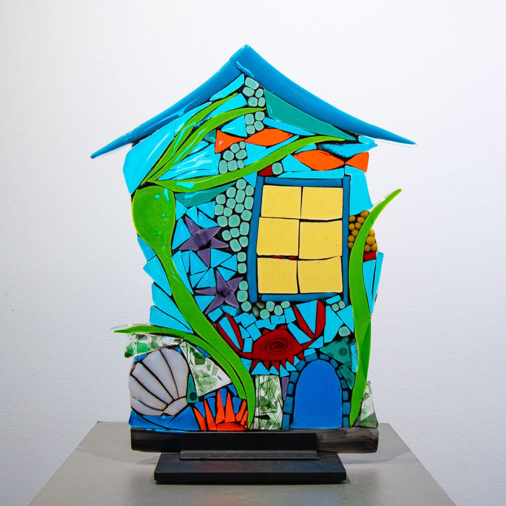 Beach House | 19" x 15" Hand fused glass with metal stand Tammy Hudgeon