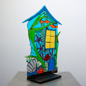 Tammy Hudgeon Beach House | 19" x 15" Hand fused glass with metal stand