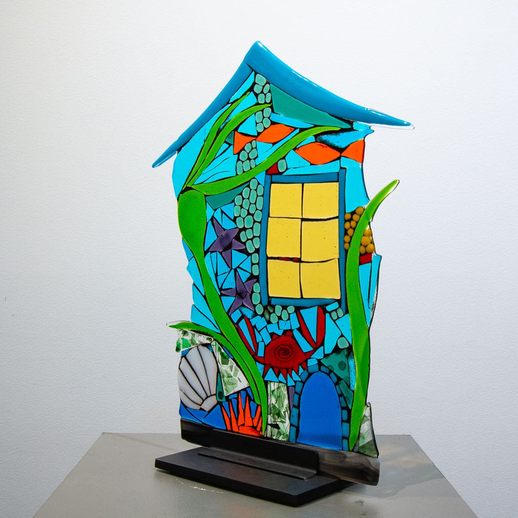 Beach House | 19" x 15" Hand fused glass with metal stand Tammy Hudgeon