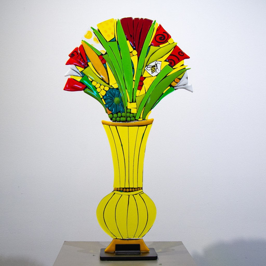 Yellow Bouquet | 29" x 16" Hand fused glass with metal stand Tammy Hudgeon