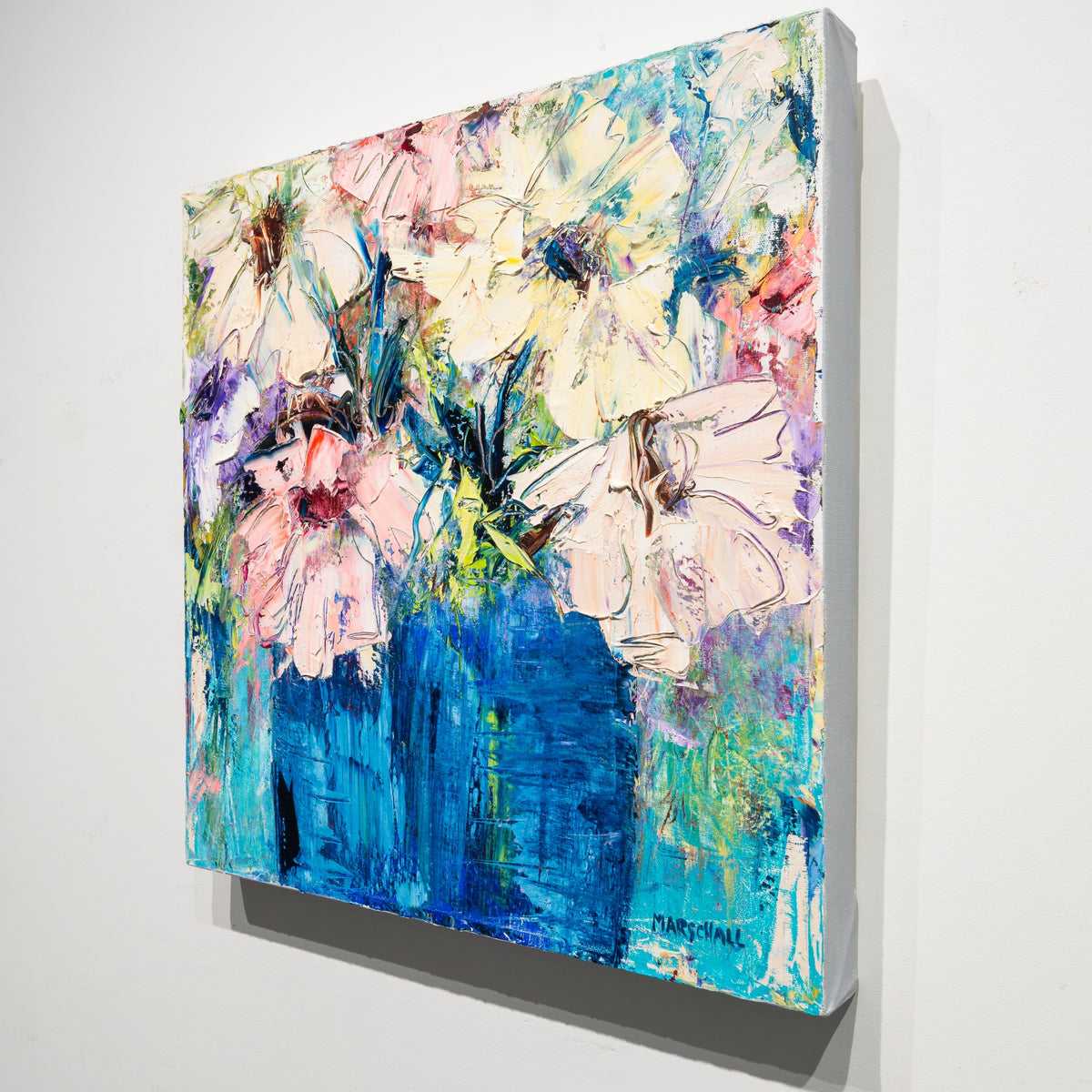 Angled view of Gerda Marschall's Sugar, Sugar showing an unframed 1.5 inch deep canvas with a finished white side.