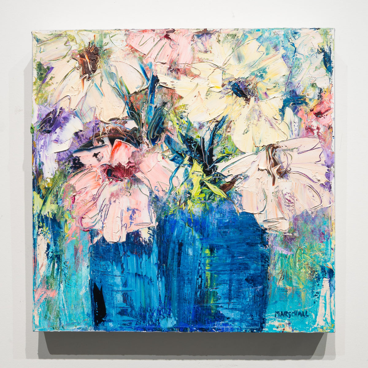 Sugar, Sugar by Gerda Marschall, 18 × 18 inch oil on canvas with pale pink and cream flowers above a saturated blue vase.