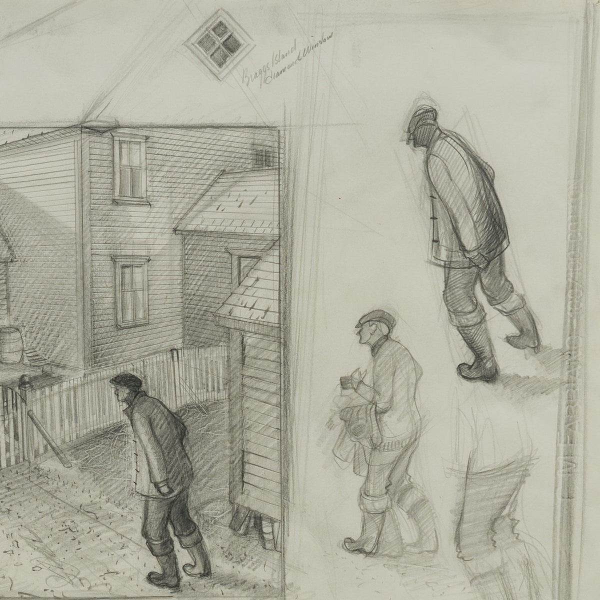 Right detail of David Blackwood’s graphite study for Granda Glover on Bragg’s Island, showing alternate figures, a boot study and a diamond-shaped window sketch.