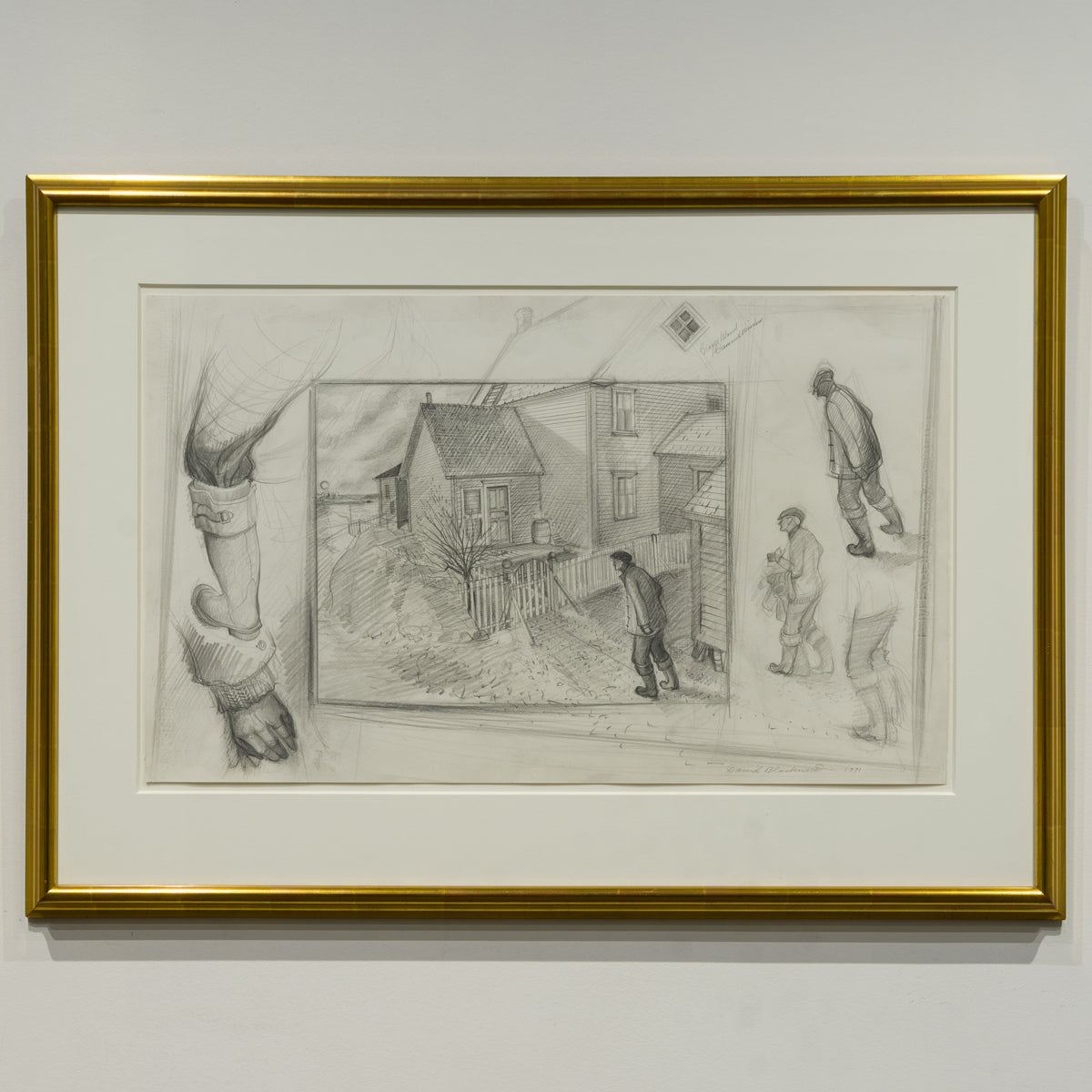 Framed graphite study for Granda Glover on Bragg’s Island by David Blackwood, showing a central house and walking figure surrounded by boot, hand and figure studies.