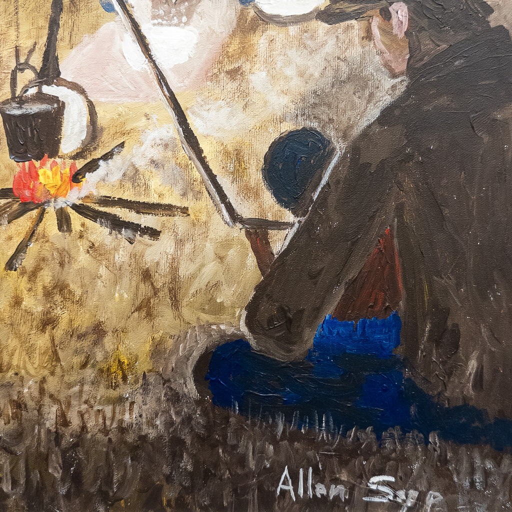 Nokum Making Bannock & Stew | 16" x 20" Acrylic on Canvas Allen Sapp