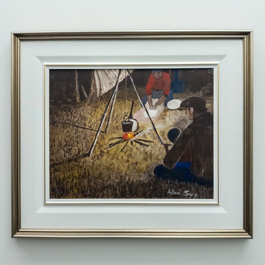Nokum Making Bannock & Stew | 16" x 20" Acrylic on Canvas Allen Sapp