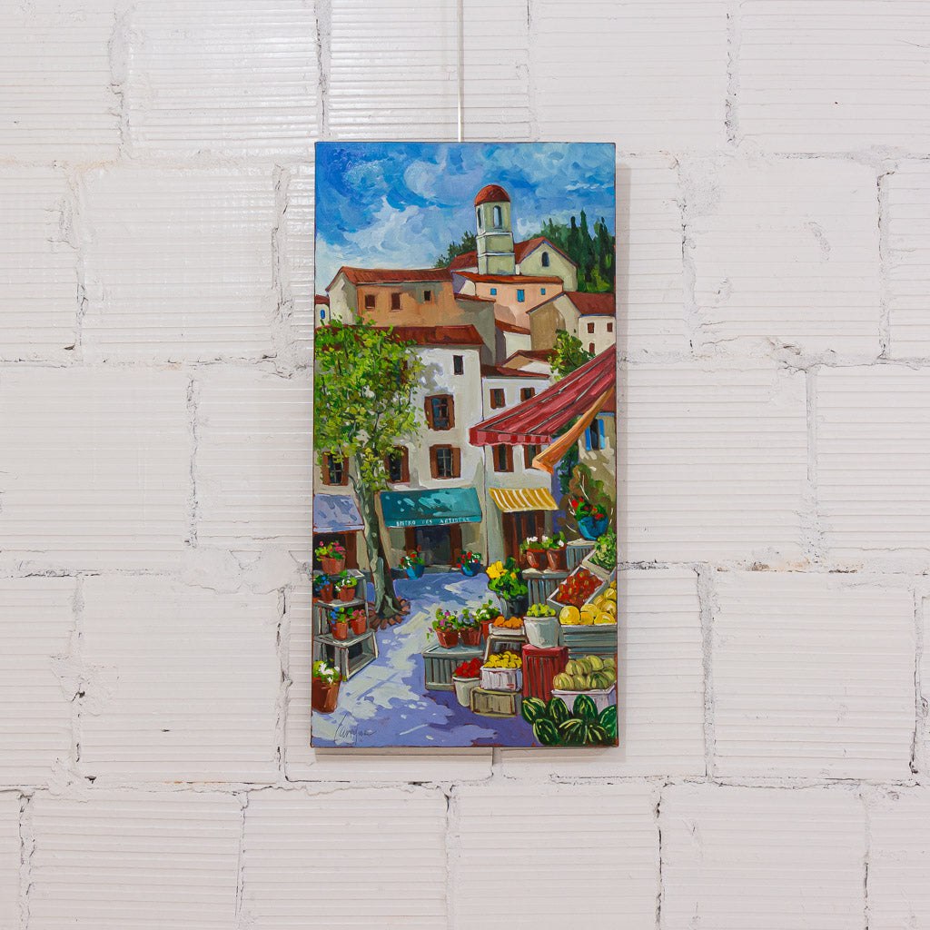 Robert Savignac Le marché de village | 36&quot; x 18&quot; Oil on Canvas