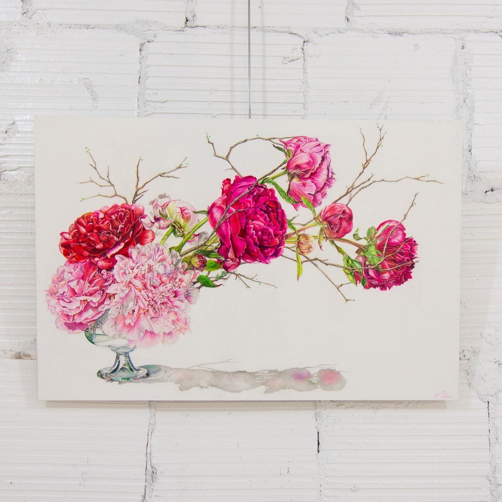 Jeannette Sirois Cascading Peonies | 20" x 30" Coloured Pencil on Paper Mounted on Aluminium