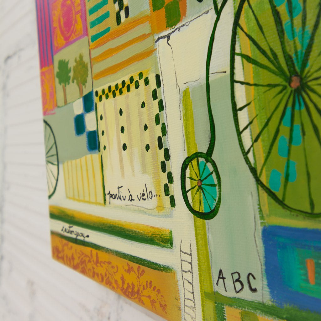 Le tour du monde à vélo | 12" x 16" Acrylic on Canvas Claudette Castonguay