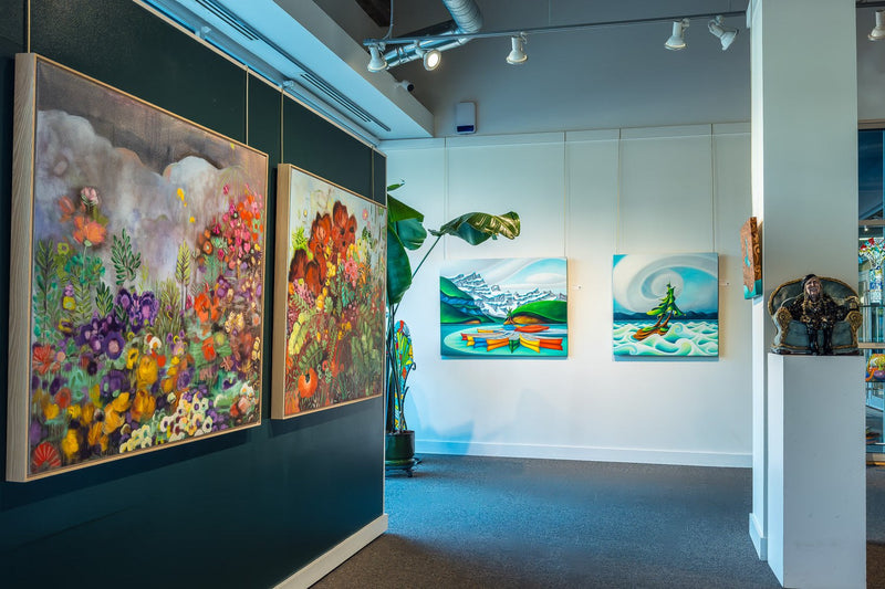 Art gallery with colorful paintings on the walls