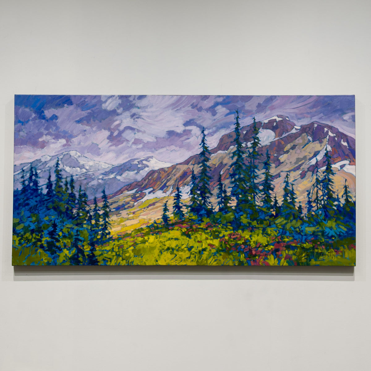 Alpine Meadows by Paul Paquette, 30 × 60 inch oil on canvas showing conifers, a yellow-green meadow and mountain ridges.