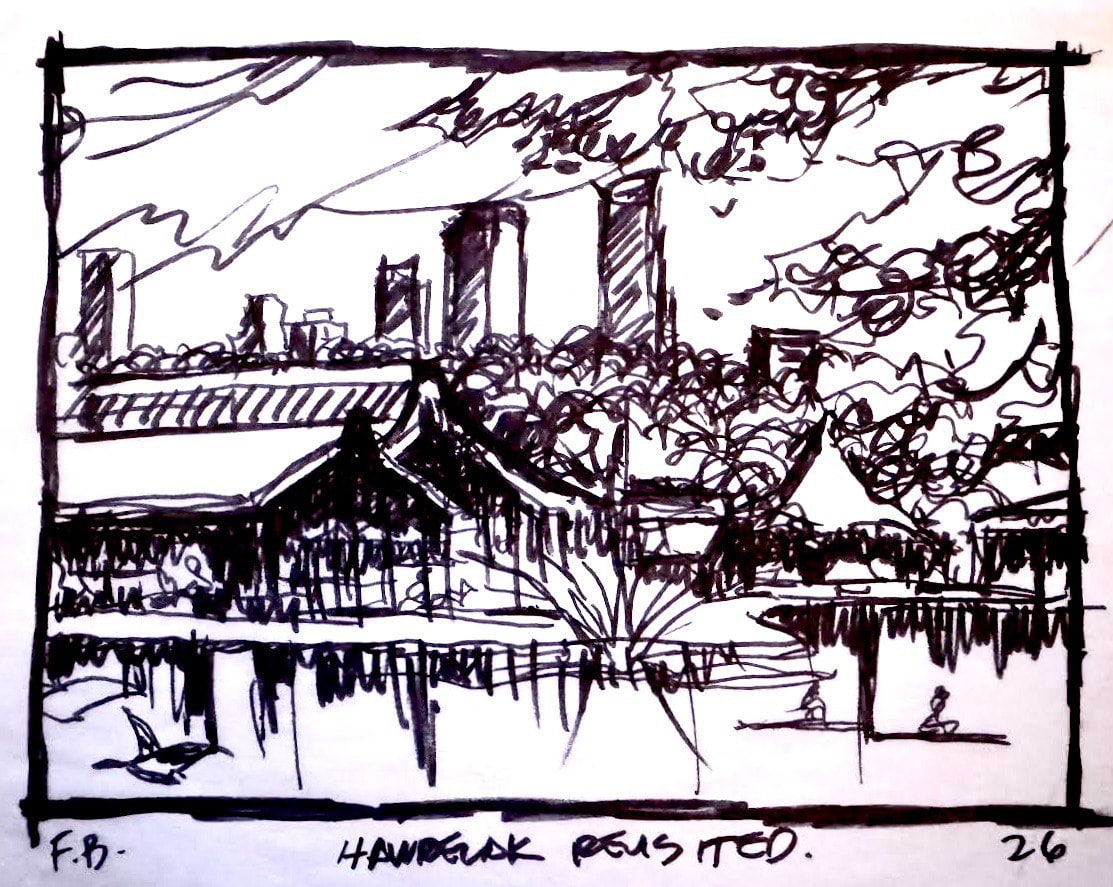 Preparatory sketch for Lake Stroll at Hawrelak Park by Fraser Brinsmead, showing the original 2026 composition study for the finished park scene.