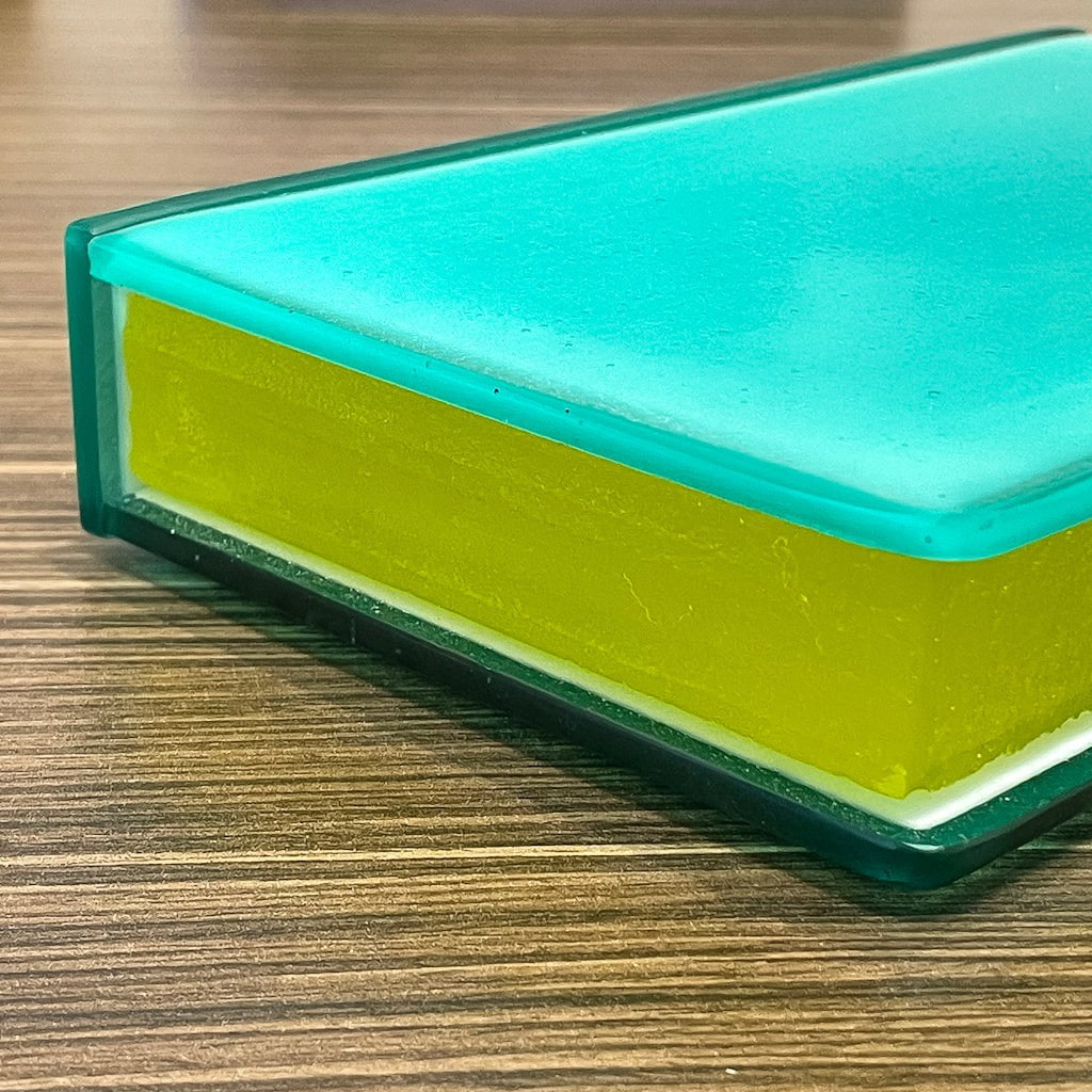 Light Reading - Aqua Marine/Yellow | 1.5" x 8" x 5" Kilnformed Glass Bob Leatherbarrow