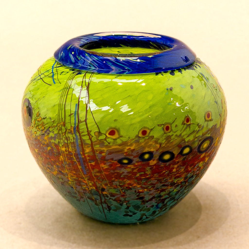 Murrini Vase with Folded Lip | 5" x 5" x 5" Murrini Patterned Blown Glass Darren Petersen