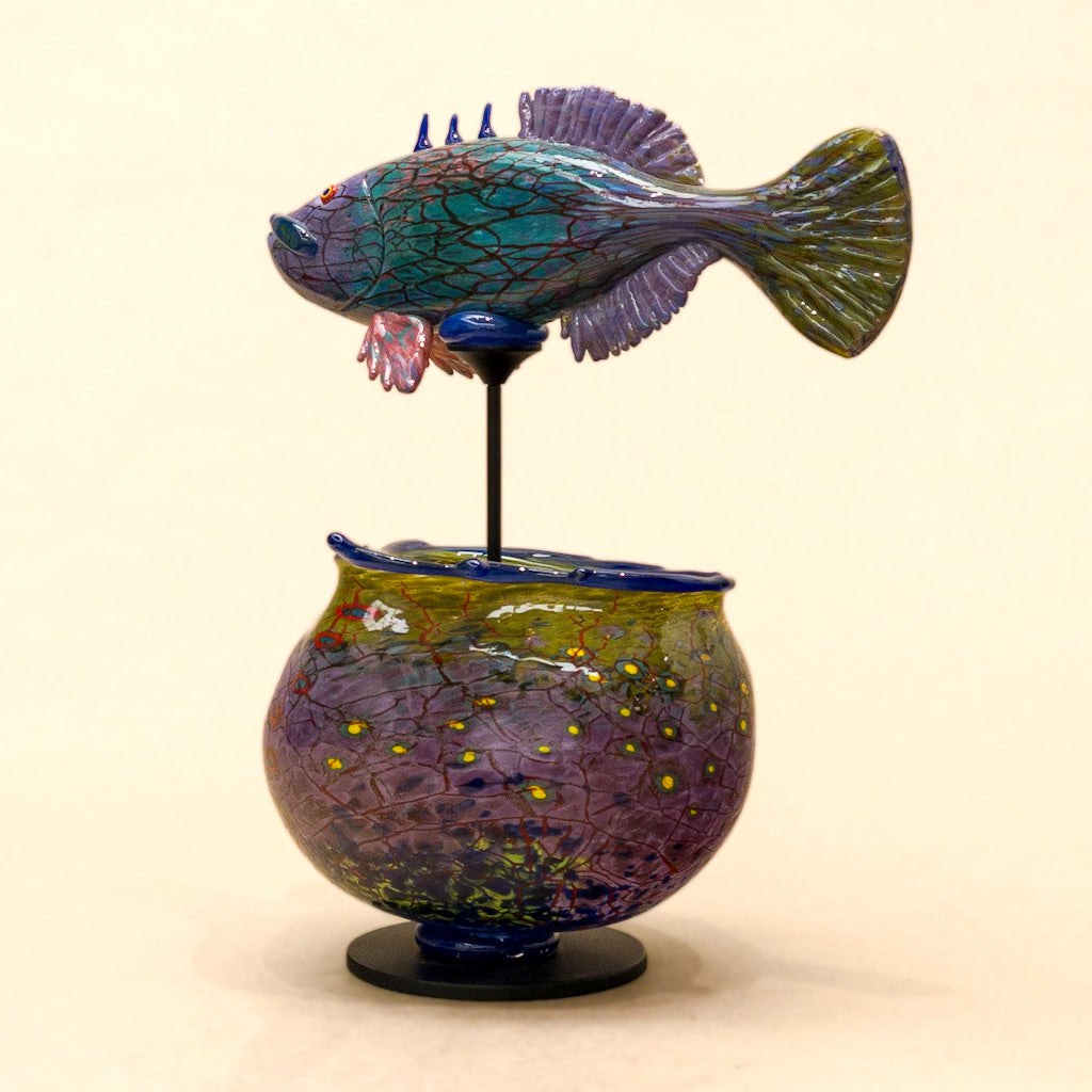 Stickleback Fish Bowl II | 11.5 x 10" x 6" Blown Glass with Forged Metal Darren Petersen