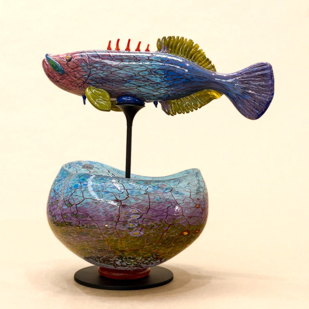 Darren Petersen Stickleback Fish Bowl | 12" x 12" x 8" Blown Glass with Forged Metal